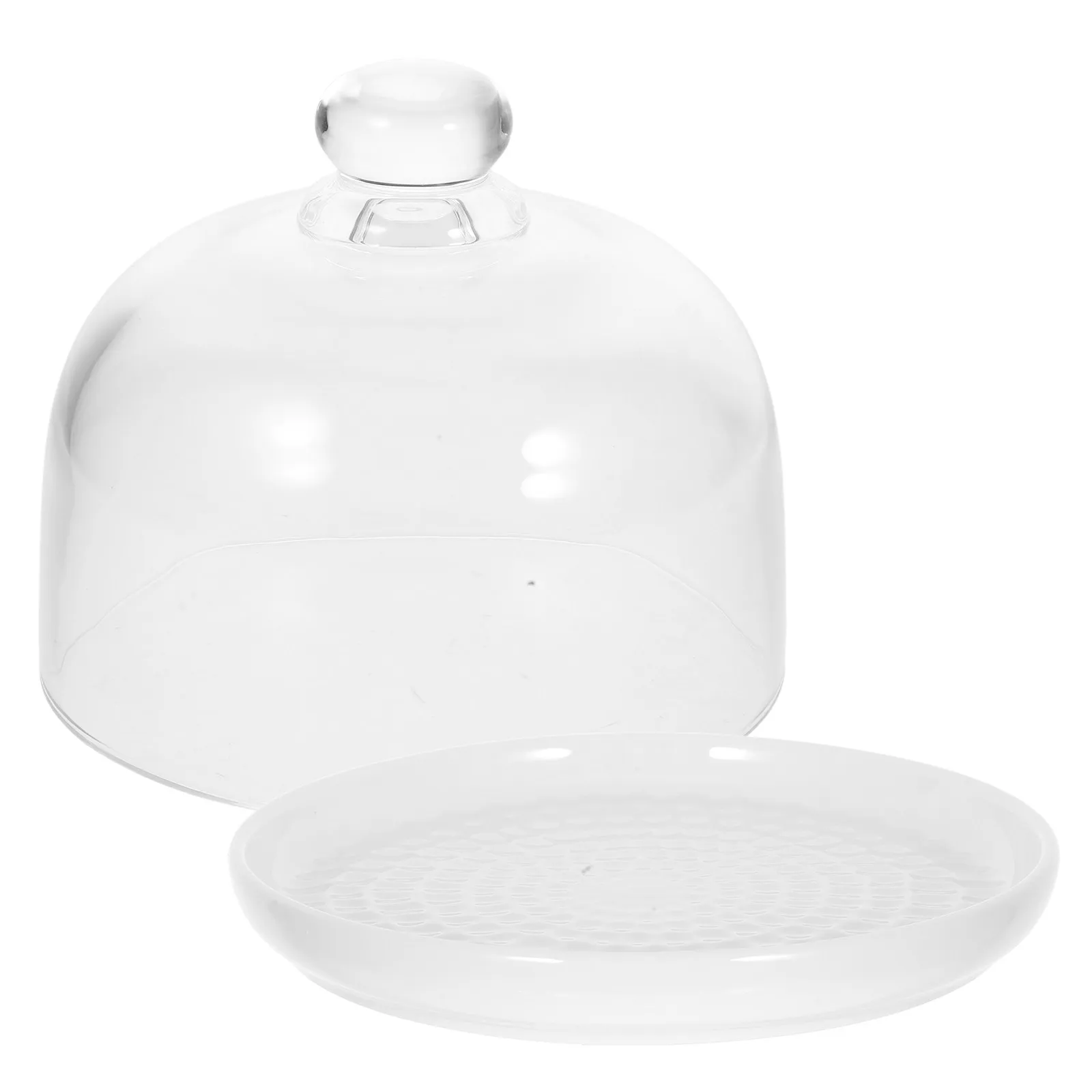 1Set Ceramic Cake Tray with Glass Cover Transparent Food Protector Dessert Display Dome Fresh Food Seal Insect Proof Kitchen