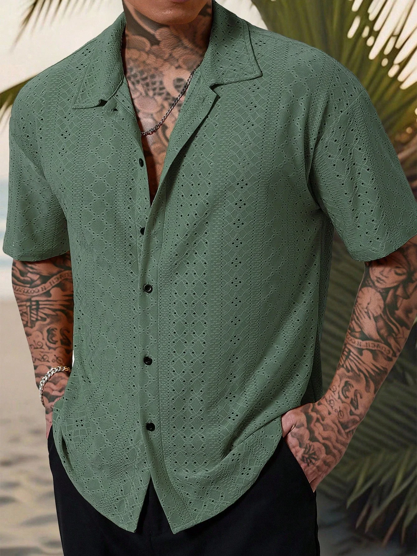 

Men's Green Eyelet Lace Short Sleeve Casual Shirt With Button Placket
