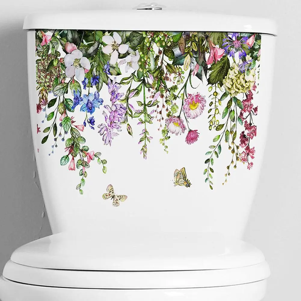 변기 스티커 녹색 식물 꽃 잎 나비 벽 스티커, 욕실 꽃 자체 접착 PVC 벽화 홈 데칼