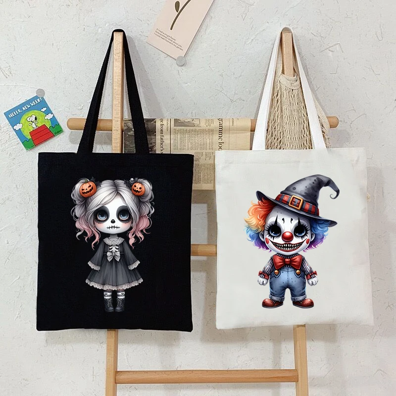 Wicked Clown Doll Canvas Tote Bag Women Men Gothic Cartoon Shoulder Bags Happy Halloween Party Gift Shopping Bag Teen Handbags