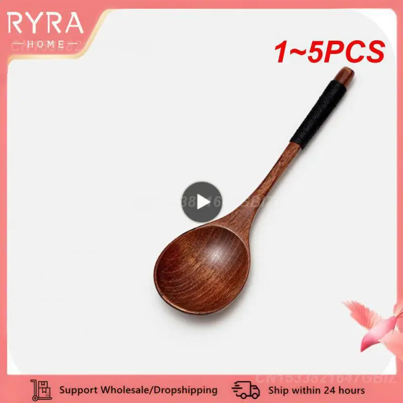 1~5PCS Small Round Spoon Wooden Spoon Coffee Spoon Teaspoon Natural Wood Spoon Soup Spoon Kitchen Accessories Home  Tableware