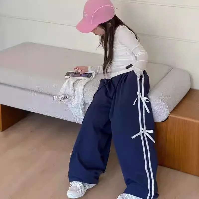 Girls Spring Pants Kids Bow Tie Sweatpants Autumn Sweet Fashion Trousers New Striped Casual Bottoms Children Loose Underwear