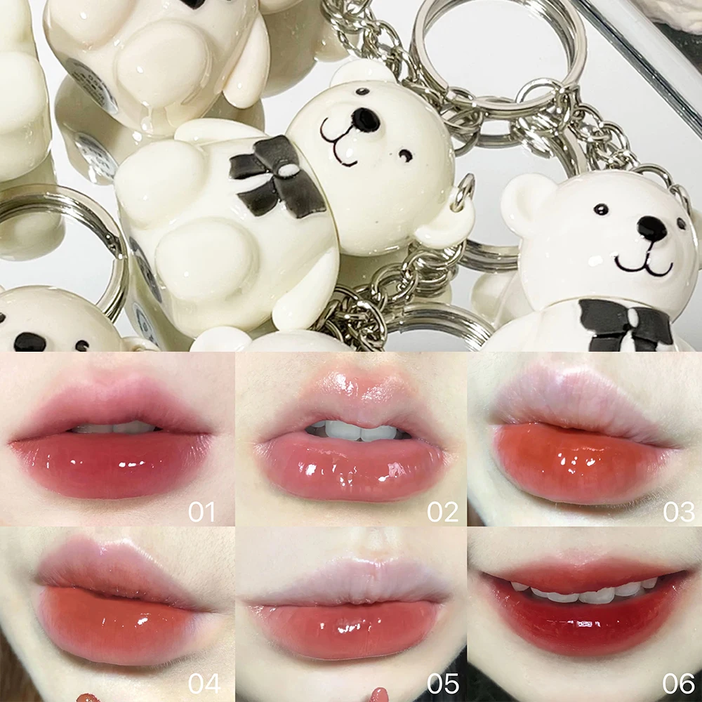 2023 New Water Light Stain Lip Gloss Mirror Gloss Lipstick Cute Bear Keychain Lip Glaze Long-lasting Waterproof Matte Lip Tint