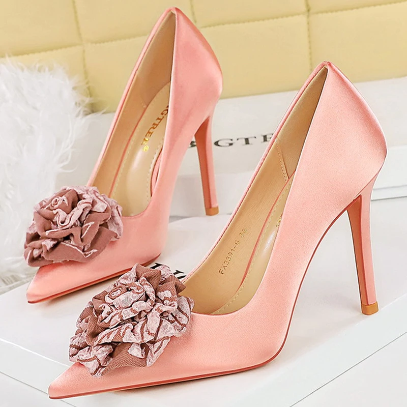 BIGTREE Shoes Silks Satins Flower Design Women Pumps Fashionable Banquet Light Luxury Women\'s Shoes Stilettos High Heels 2024