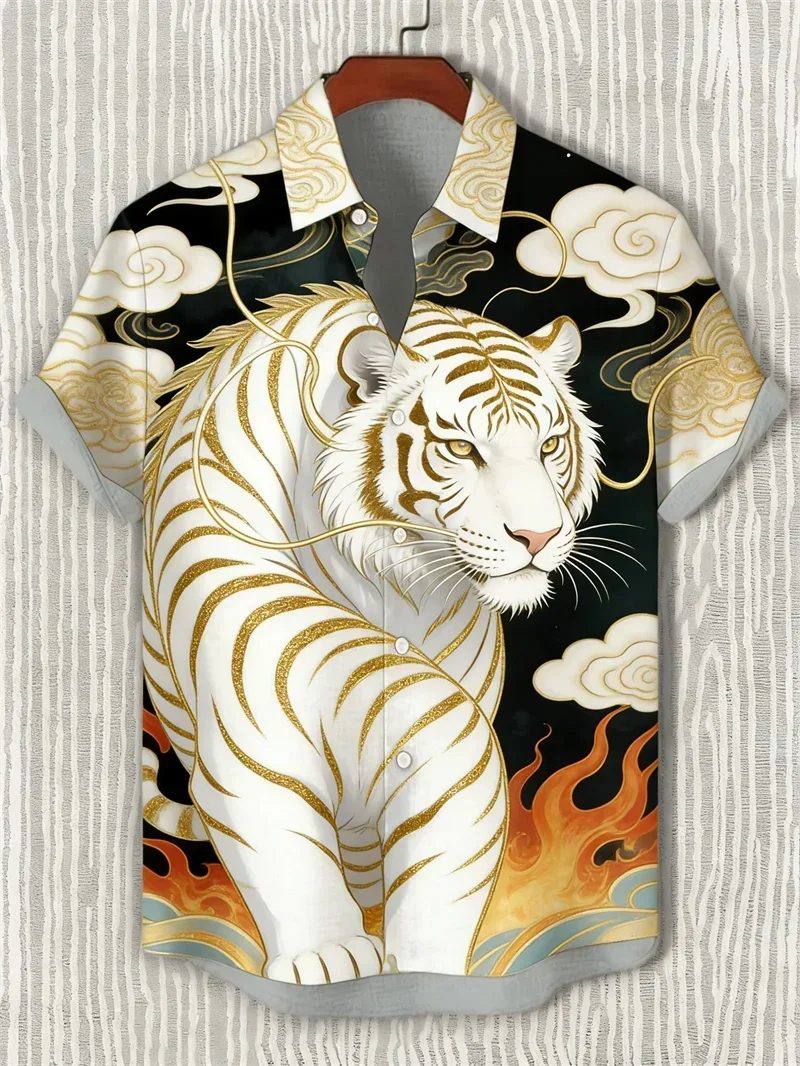 Golden Line Art Tiger Head Print Shirt Men Dark Starry Night Sky Galaxy Glow Luxury Mystic Animals Summer Beach Vacation Camisas