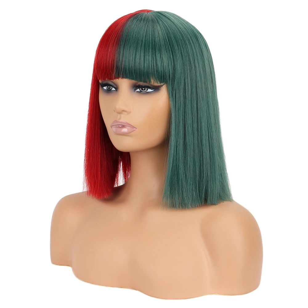 Pelucas sintéticas cortas y rectas para mujer, cabello rojo y verde con flequillo, Material resistente a altas temperaturas, Cosplay, navidad