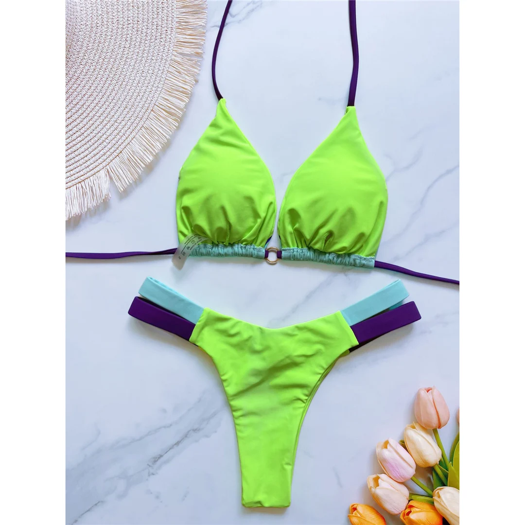 Splicing Neckholder High-Cut Brazilian Bikini Damen Bademode Zweiteiliger Bikini-Set Badeanzug Badebekleidung Schwimmanzug V6067 – Detail 26