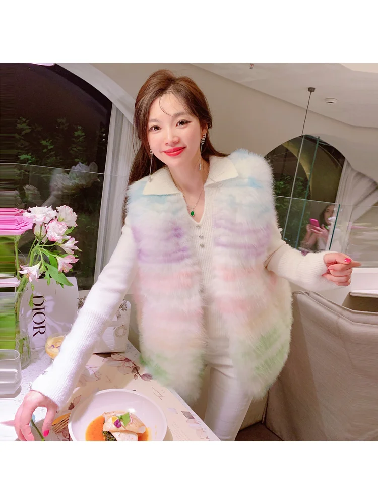 French Sweet Candy Rainbow Faux Fur Soft Comfortable Sleeveless Charming Exquisite Fashionable Dating Cute Warm Plush Vest Coat