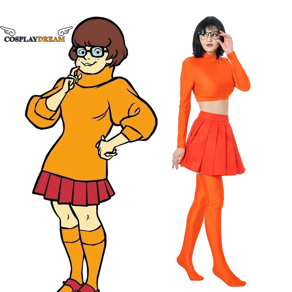 Velma Dinkley คอสเพลย์เครื่องแต่งกายชุดตัวละครภาพยนตร์ชุดเครื่องแต่งกายฮาโลวีนสําหรับหญิงสาวกระโปรงถุงน่องชุดเต็ม