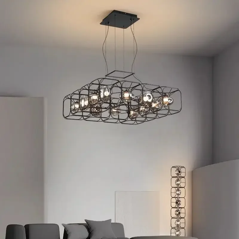 Modern LED Black Chandelier – Geometric Metal Frame with Grey Glass, Pendant Light for Dining Room Table