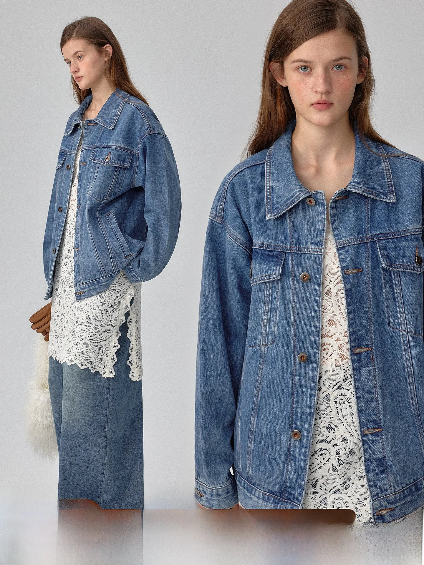 

Light Blue Classic Denim Jaet Women's Spring New Sle Small Size Wide Fit Versatile Jaet plus Cotton Long Sve