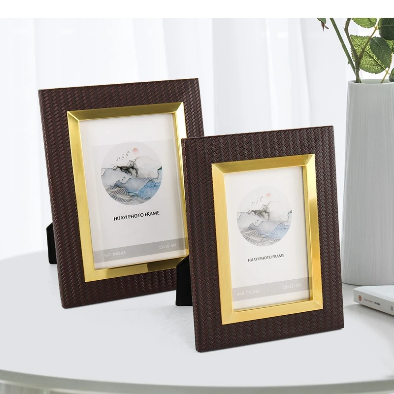 Metal Picture Frame Leather Woven Grain Photo Storage Display Family Frames Wall Home Decoration Accessories