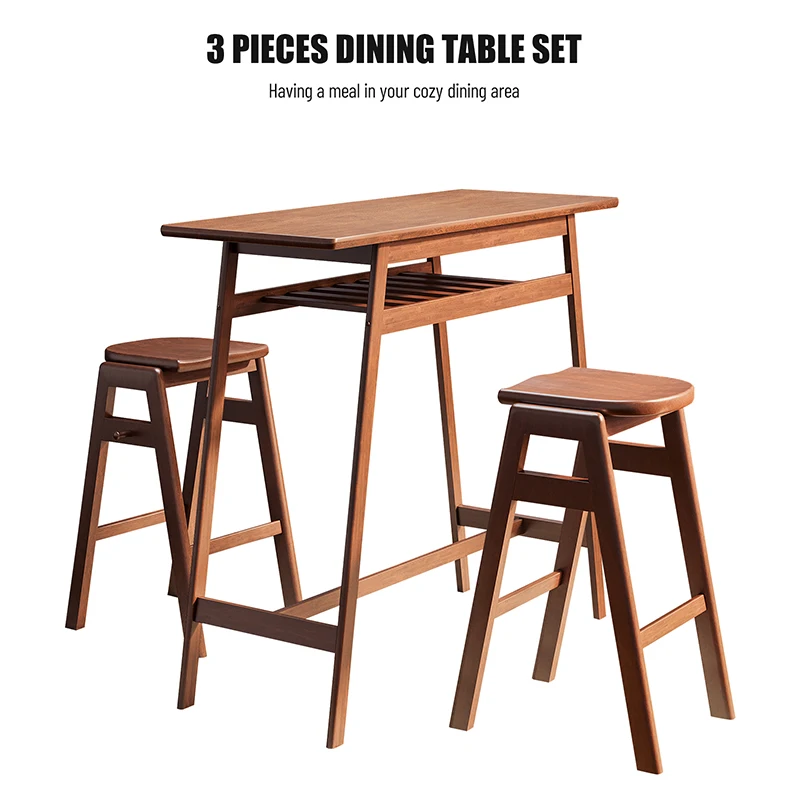 3 PCS Pub Dining Set Retro Bar Table Rubber Wood Stackable Backless High Stool for 2 with Shelf and Hooks for Home Bar Small Spa