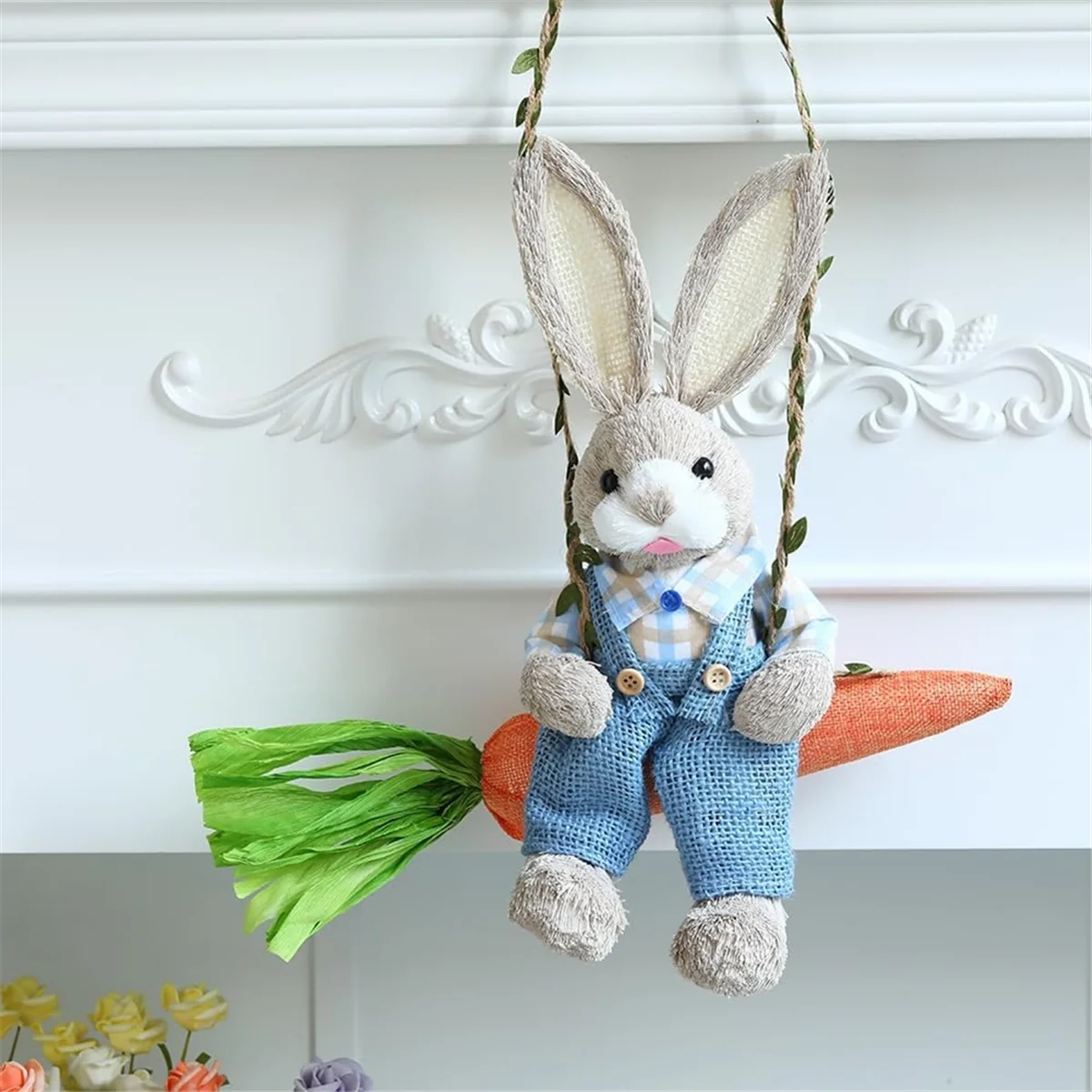 High-end Easter Straw Bunny Figurine, Straw Rabbit on Carrot Swing, Bunny Statue Hanging Ornament for Easter Holiday Home Decor