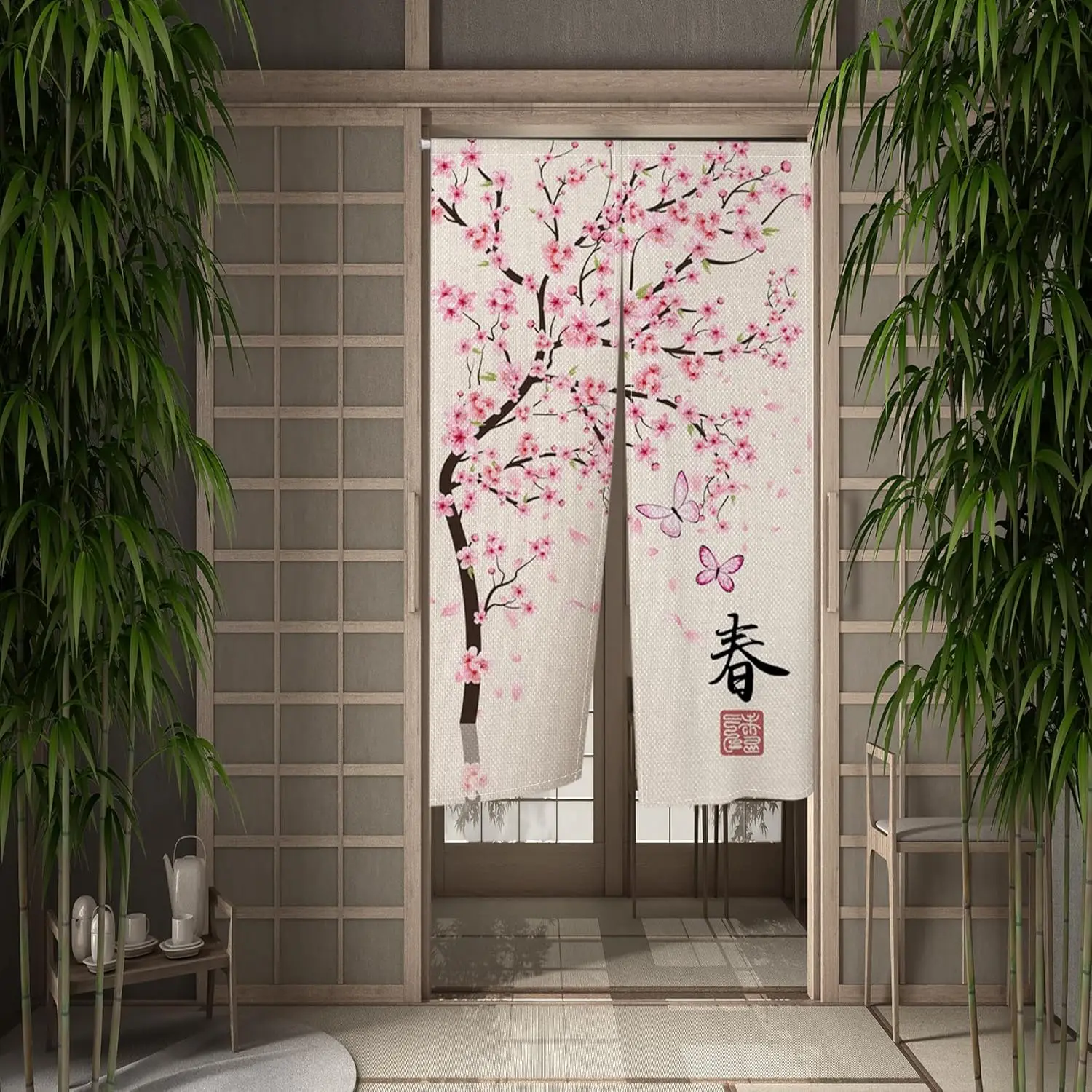 Japanese Doorway Curtain Chinese Style Spring Cherry Blossom Door Hanging Pink Floral Tradition Painting Window Bedroom