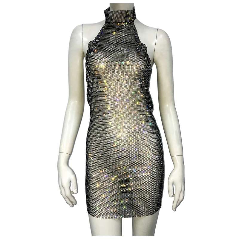 Glitzerndes Kristall-Netzkleid mit Strass für Damen, Neckholder-Minikleid aus transparentem Mesh, figurbetontes Party- und Clubkleid, Geburtstagsgeschenk für Damen – Detail 5