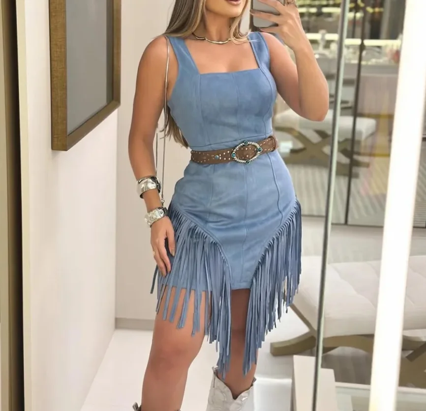 

Summer Solid Color Square Neck Imitation Deer Skin Waist Slimming Tassel Decoration Sleeveless Vest Skirt Women's Trendy Dress