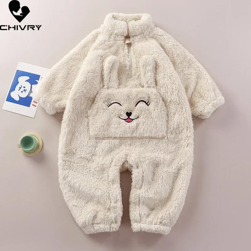 

New Winter Baby Thicken Warm Soft Flannel Rompers Infant Boys Girls Cute Cartoon Panda Rabbit Zipper Jumpsuits Newborn Sleepwear