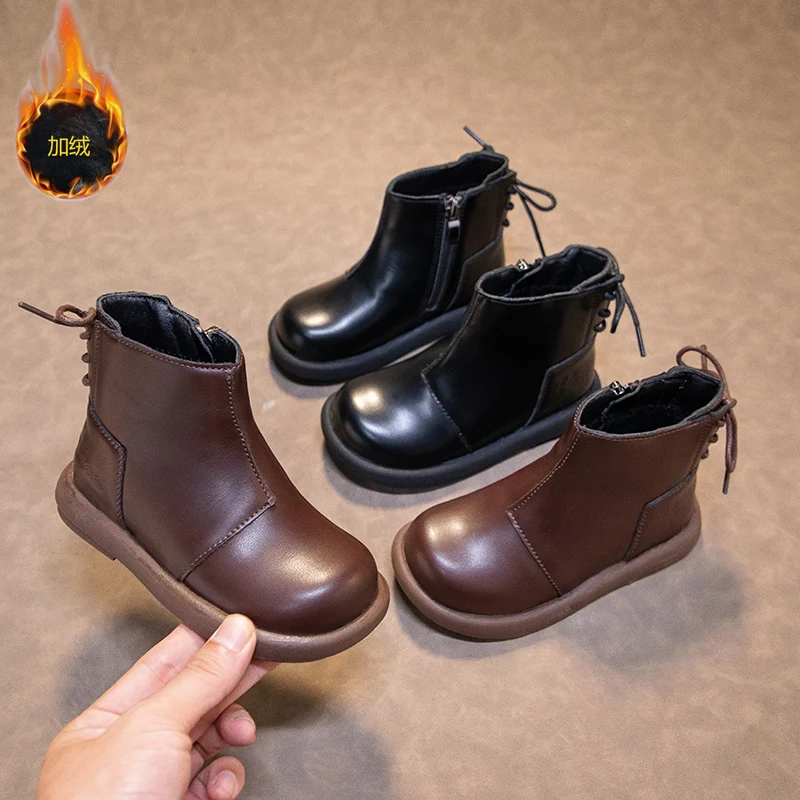 

Детские короткие ботинки, простые стильные теплые ботильоны для мальчиков и девочек, повседневные черные, коричневые детские модные кожаные ботинки с боковой молнией на шнуровке