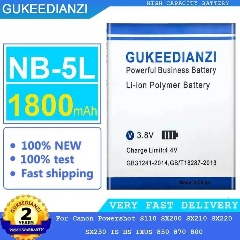 

1800Mah For Canon Powershot S110 SX200 SX210 SX220 SX230 IS HS Ixus 850 870 800 Camera Battery NB-5L Long Lasting