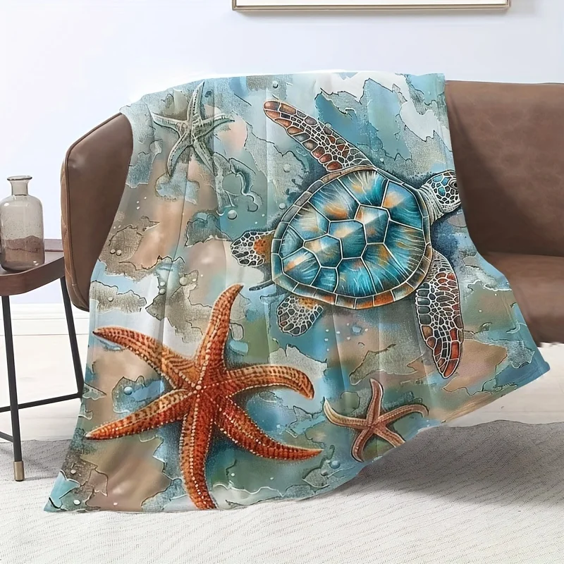 Ocean Life Sea Turtle Starfish Throw Blanket Nautical Beach Coastal Tropical Fleece Throw Couch Decor Gift for Sofa Living Room