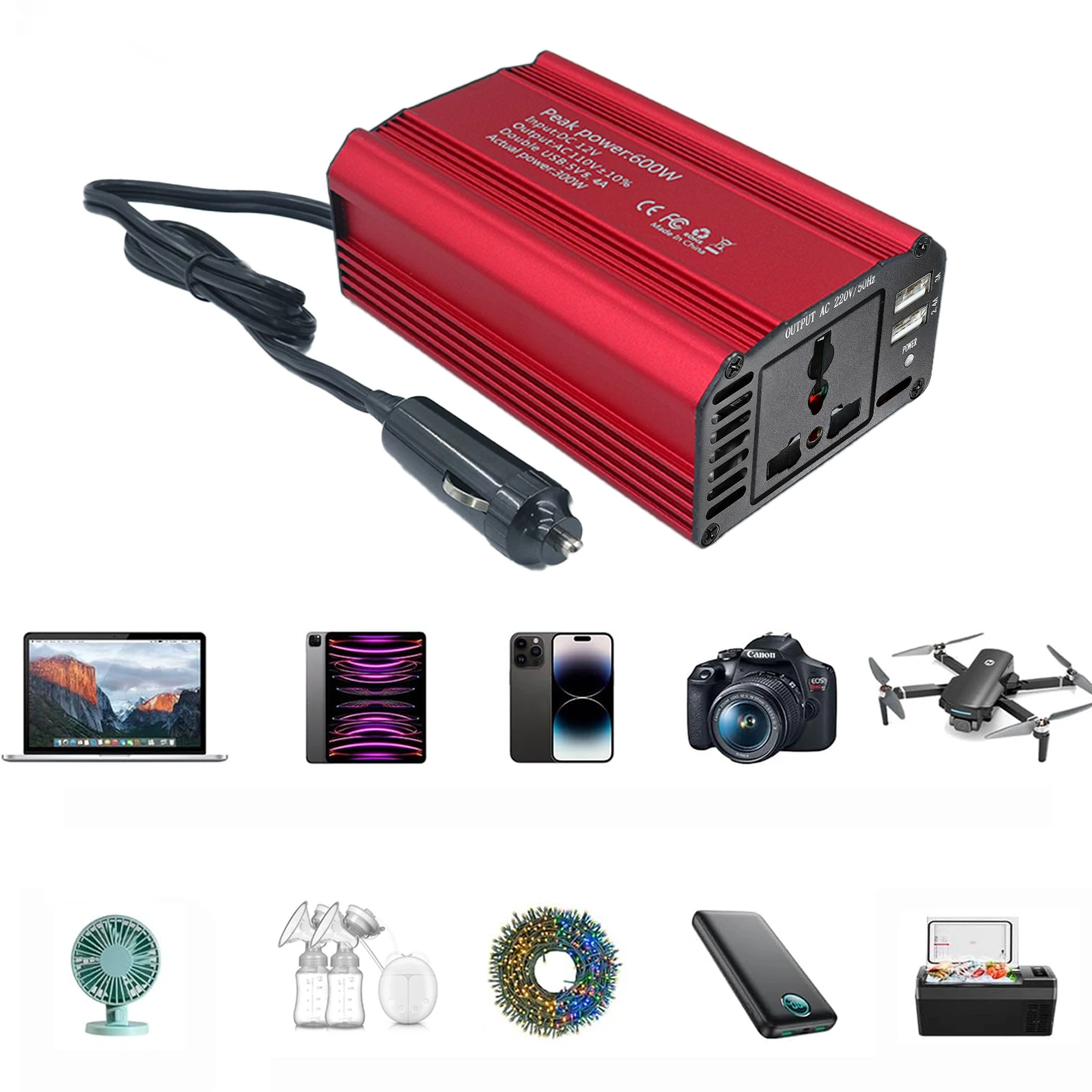 SSTH 300 واط عاكس طاقة السيارة 600 واط الذروة الطاقة تيار مستمر 12 فولت إلى التيار المتناوب 110 فولت مع محول USB المزدوج محسن موجة جيبية المكونات العالمية #4