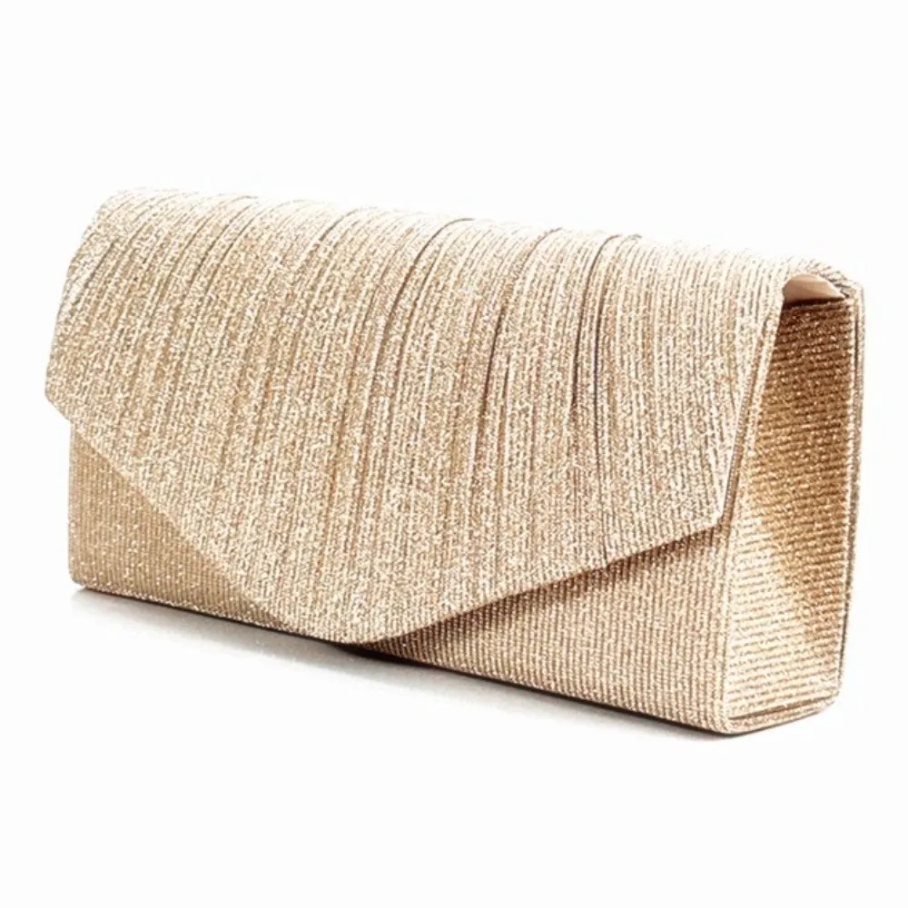 

Fashion Elegant Evening Bag Long Chain Shiny Dinner Bag with Pleated Envelope Style Shoulder Purse For Women