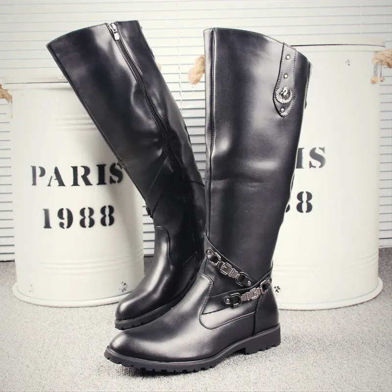 British Mens Black Knee High Boots Desiger Side Zip Long Motorcycle Shoes Antique Cosplay Stage Botas Casual Comfort Zapatos