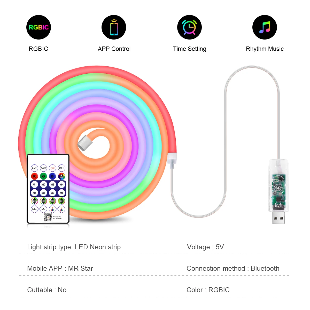 5M/16.4FT Bluetooth USB LED Light Neon Strip WS2812B RGBIC DC5V Rope Lights Neon Tape Chasing Effect Room Wall Decor Neon Sign