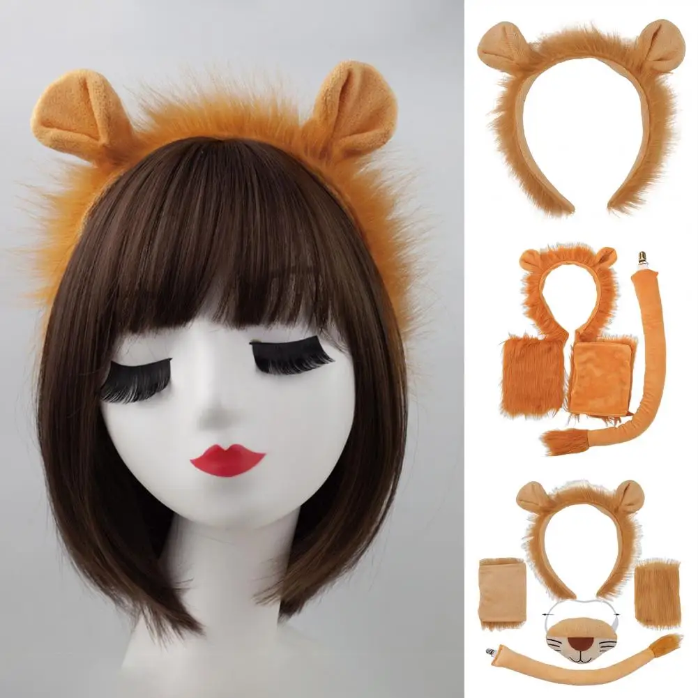 

1/3/4 Lion Costume Set Teen Adult Halloween Cosplay Soft Plush Headband Tail Gloves Nose Kit