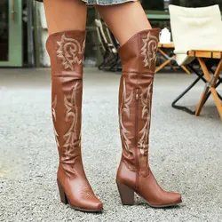 Brown Embroider Knee-high Boots 2024 New Winter Western Cowboy Boots With Side Zip Girl Knight's Boots