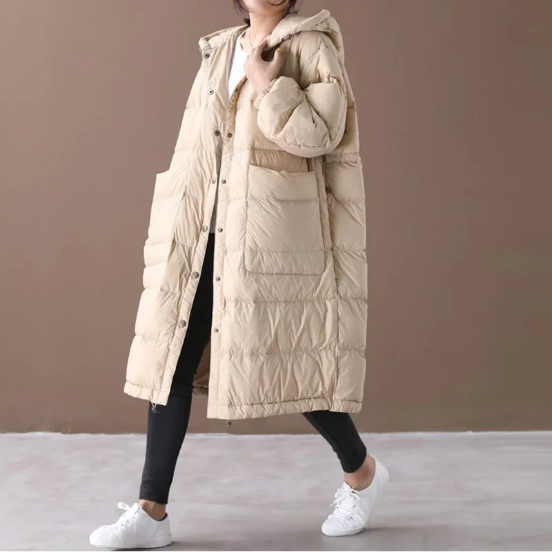 

New Loose Down Cotton Coat Women Cloak Lantern Sleeves Hooded Warm Long Down Parkas 90% White Duck Down Jacket Lady Snow Outwear