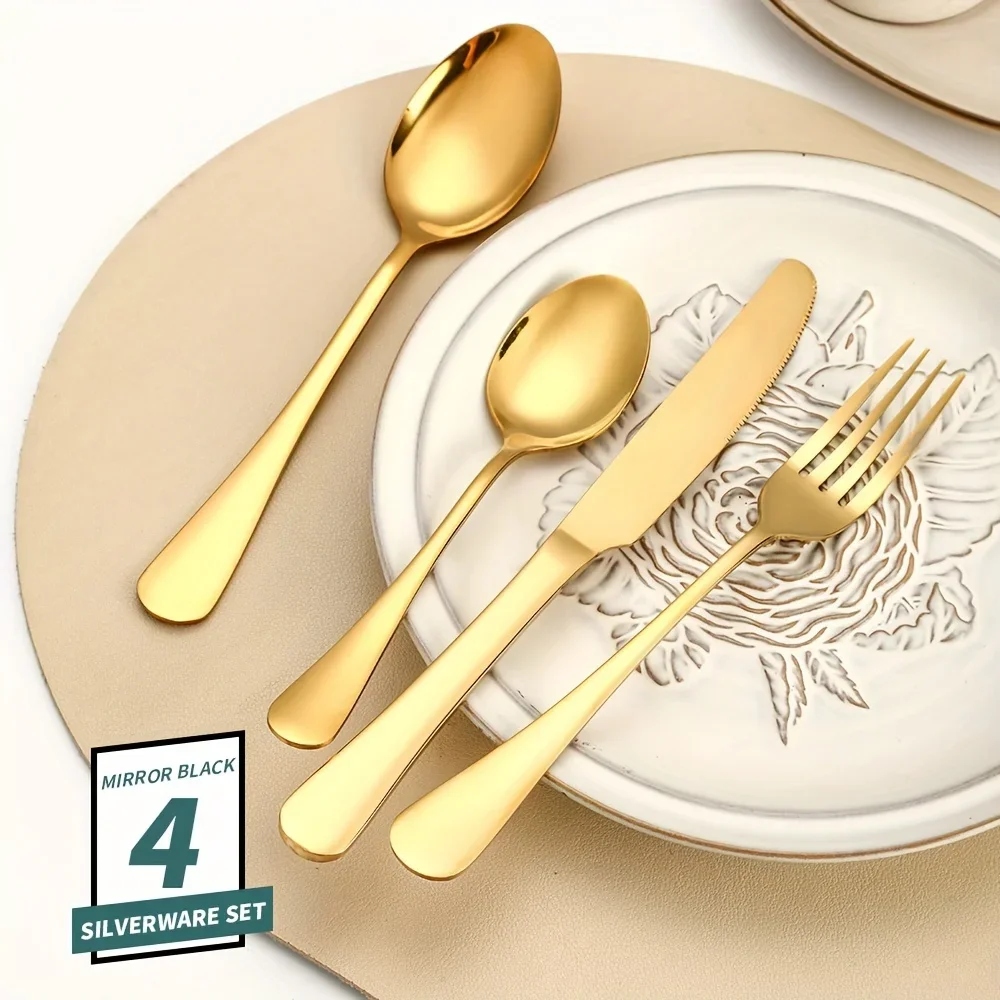 24pcs Elegant Stainless Steel Black Flatware Set, Classic Knife, Fork Spoon Gift Set Mirror Polish Gold Cutlery Dishwasher Saf