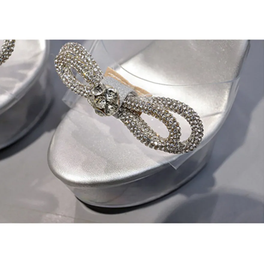 Clear Transparent Platform Women Slippers Summer Sexy Crystal Bowknot Super High Heels Pumps Female Open Toe Wedding Party Shoes