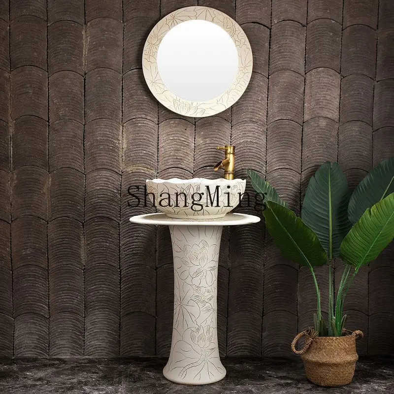 

FG retro craftsmanship Chinese lotus wash basin garden courtyard ceramic column washbasin