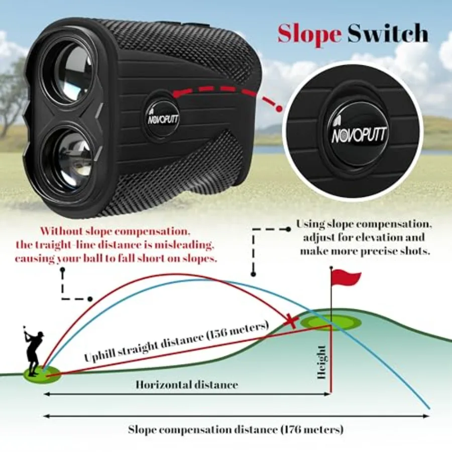 トーナメントで合法的に使用できる傾斜補正と旗竿ロック機能付きゴルフ距離計、振動機能搭載、1200ヤード測定範囲、7倍拡大、充電式