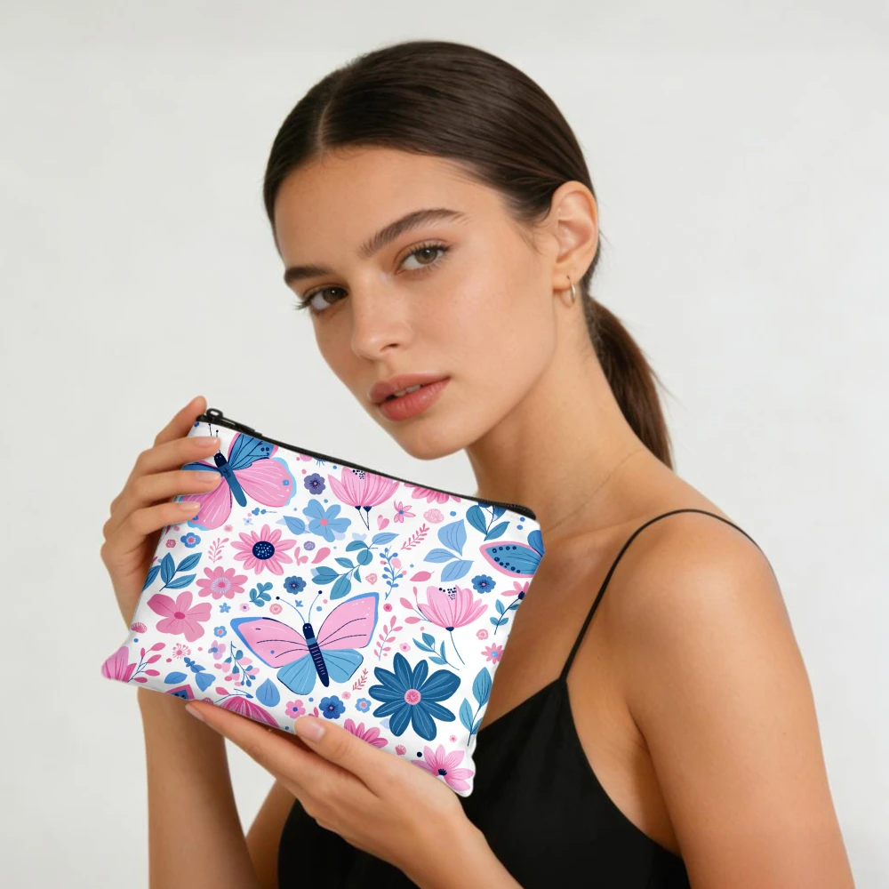 Butterfly Flower Pattern Print Design Makeup Bags for Women's Cosmetic Pouch Toiletry Bag Pencil Case Travel Storage