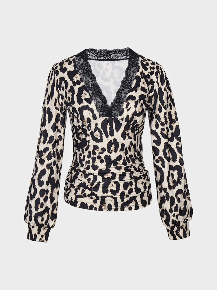

2025 New Women's Leopard Lace Trimmed Top Long Sleeve Deep V-Neck Mature Sexy Match Workplace Polyester
