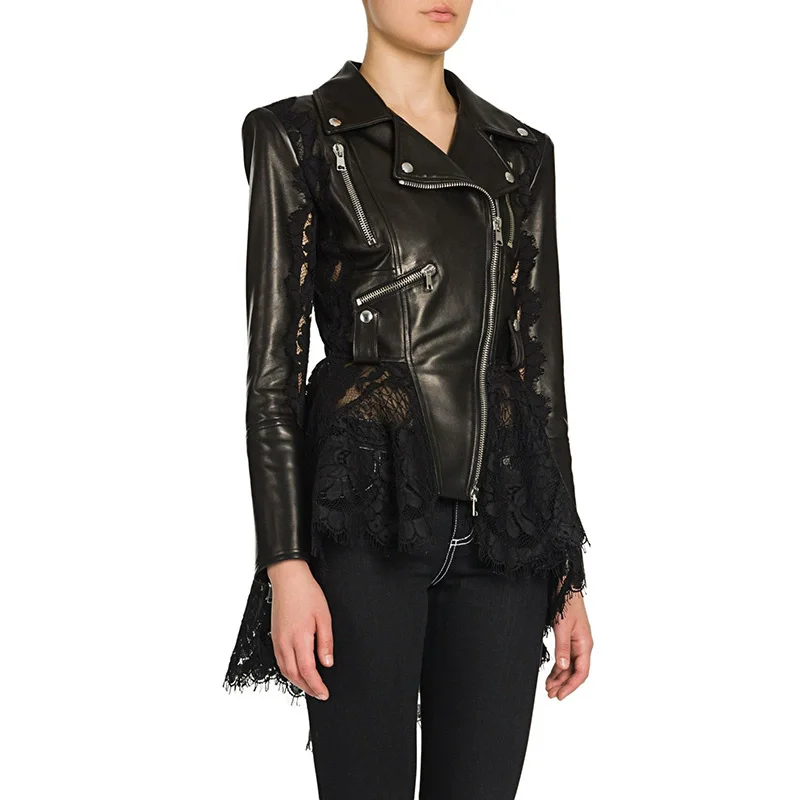 Veste en peau de mouton importée de luxe pour femmes, veste en cuir de motard coupe ajustée avec coutures en dentelle à la mode vestes en cuir véritable pour femmes