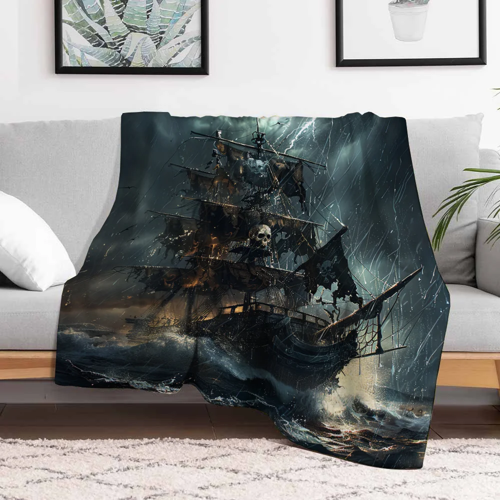 1pc Vintage Skull Pirate‑Ship‑Print Throw Blanket, Sofa & Bed Decor, Nautical Ocean‑Scene Holiday Gift
