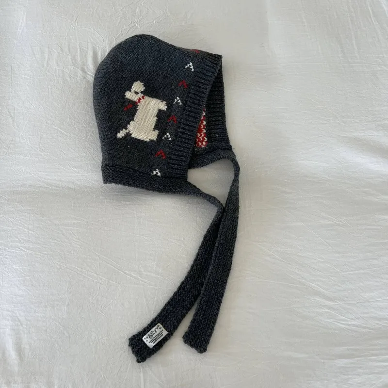 Neue, niedliche Cartoon-Hunde-Jacquard-Sturmhaube für den Winter, Outdoor-Wärme, Nackenschutz, winddicht, mit Schnürung, gestrickte Mützen – Detail 3