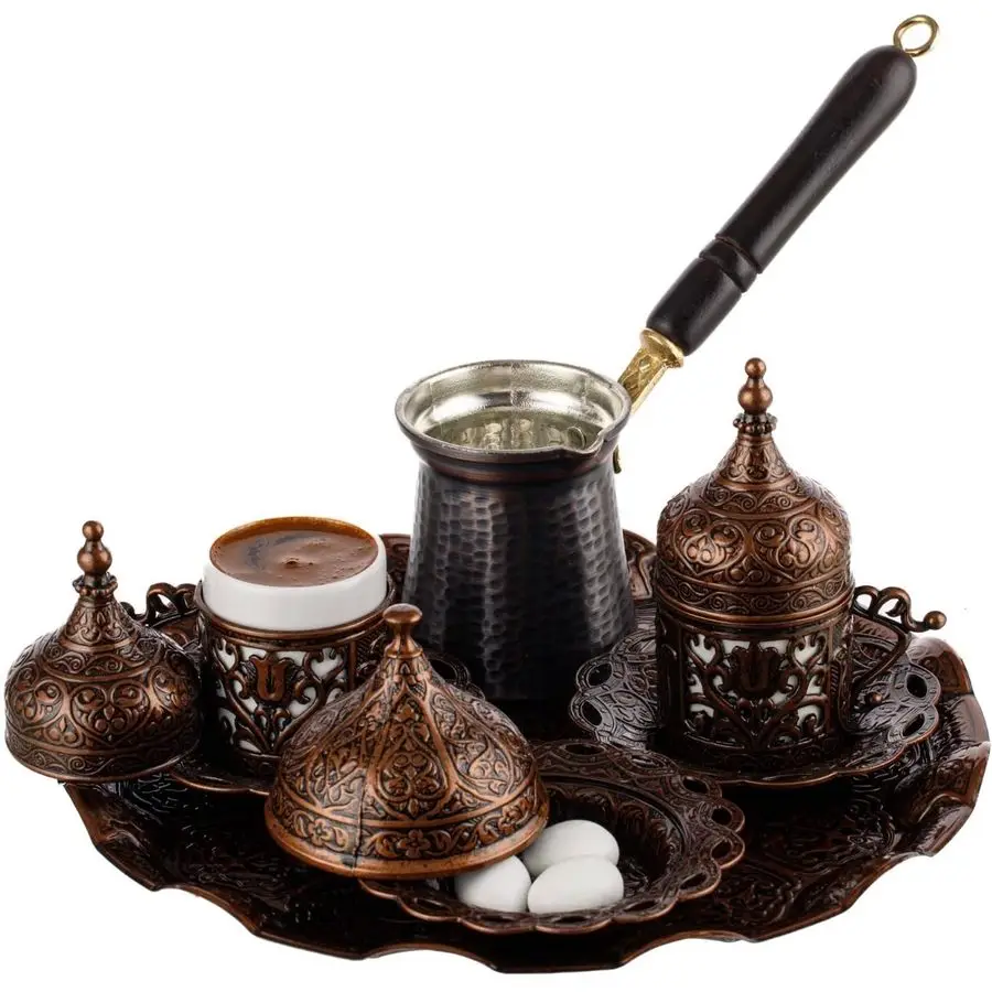 

Turkish Greek Arabic Coffee Making and Serving Full Set with Cups Saucers Lids Sugar Bowl Tray and Copper Coffee Pot, Hand Decor