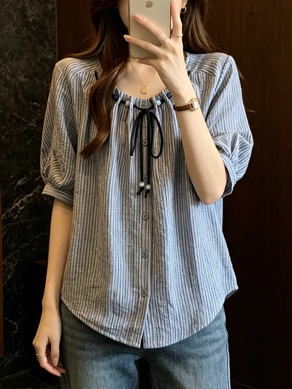 

Summer New Design Large Size round Neck Shirt Women's Elegant Pleated Striped Top Korean Style Commute Fashion Loose Fit