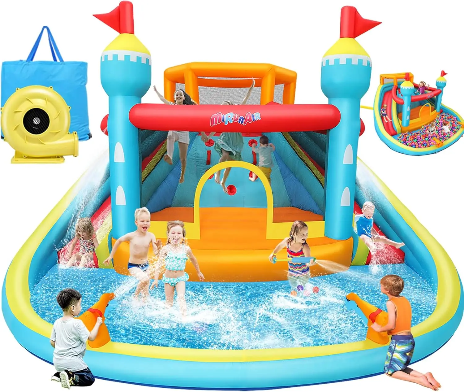 Nadmuchiwana zjeżdżalnia wodna Bounce House dla dzieci 3-12, 14x14x7,6 stopy duża mokra sucha zjeżdżalnia dmuchany zamek do skakania z basenem, 2 zjeżdżalnie,