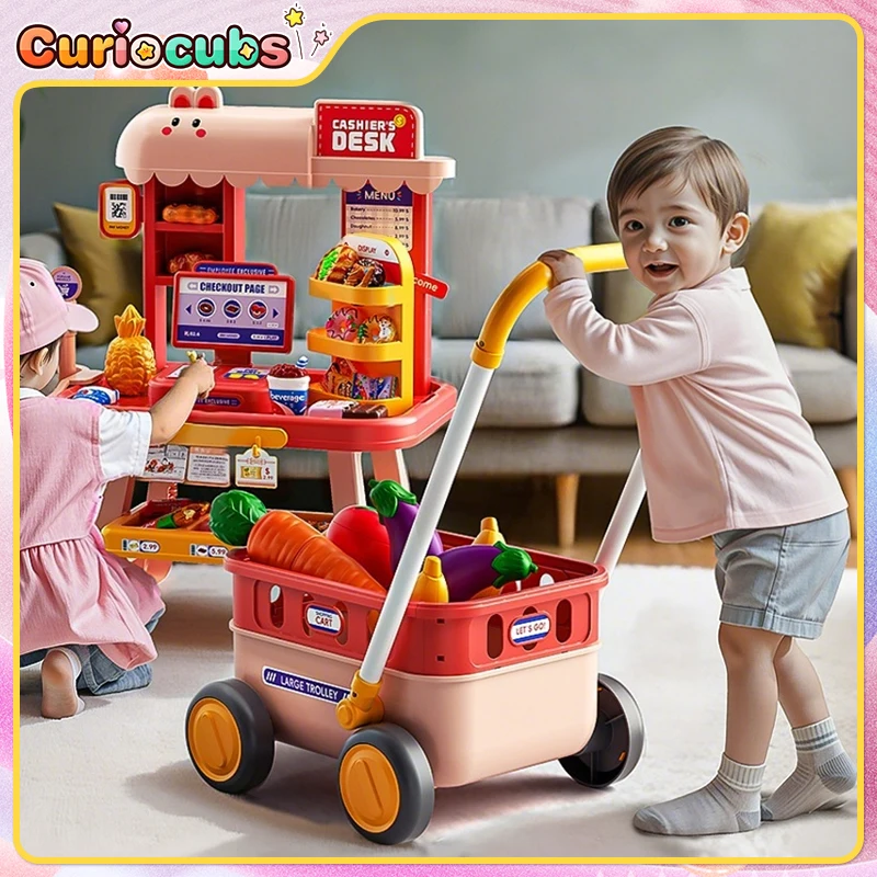 

2in1 Simulation Supermarket Toy Food Fruit Shopping Cart Cash Register Pretend Play Set Interactive Educational Toy Girl Gift