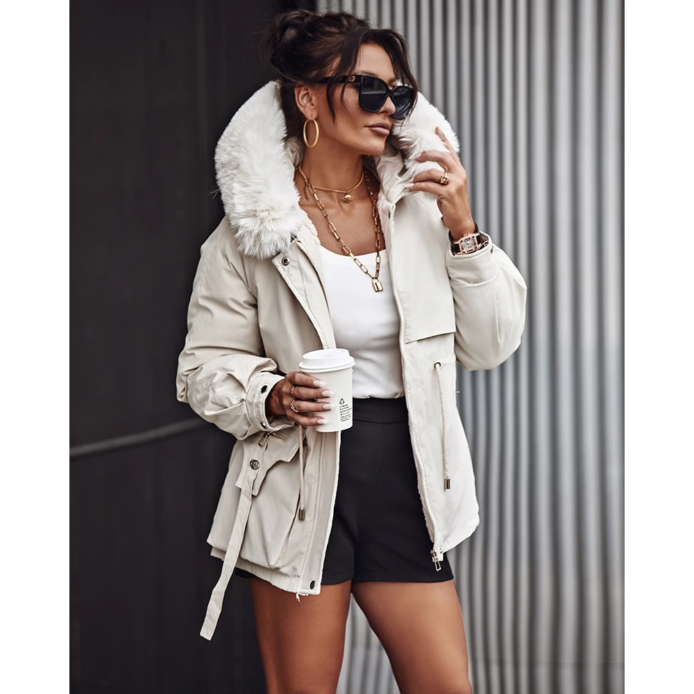 

2024 Winter New Women Faux Fur Hooded Parka Coat Femme Casual Zipper Design Lantern Sleeve Lace up Cargo Jackets Fashion Outwear