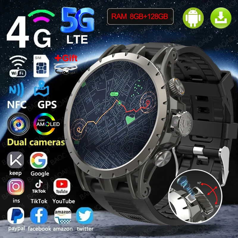 

5G/4G Full Netcom Smart Watch 466*466 Amoled Screen Display 8GB+128GB RAM GPS WIFI Video Call 5MP Camera Smartwatch Android 9.0