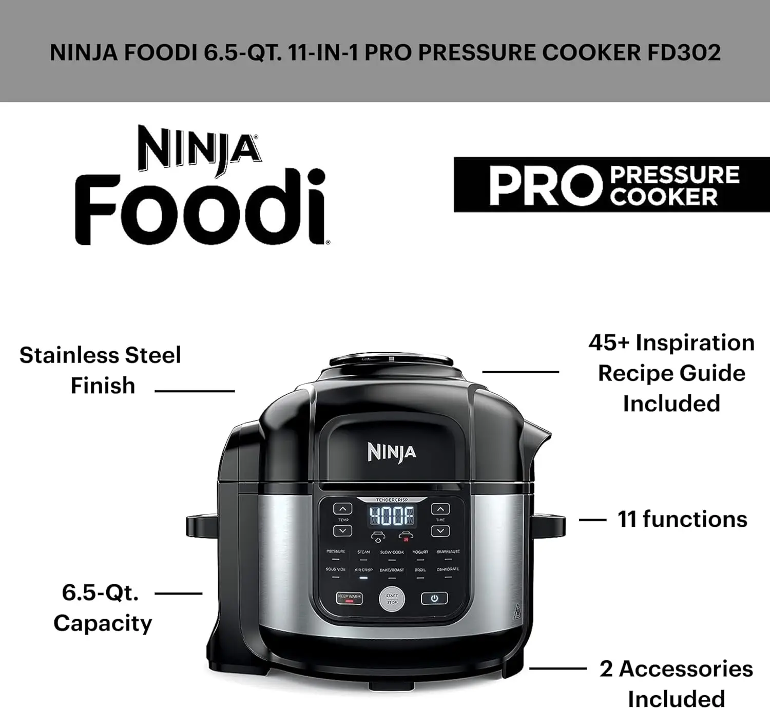 Ninja FD302 Foodi 11 en 1 Pro 6,5 qt Olla a presión y freidora de aire que vaporice, cocine lento, Sears, saltadores, deshidrata y más