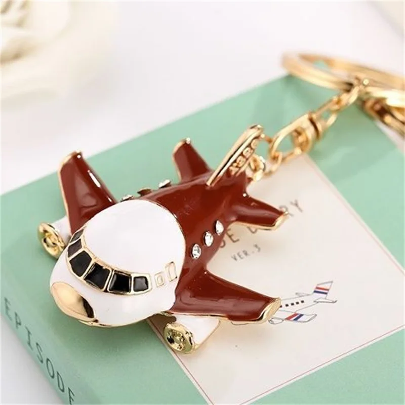 Cute Rhinestone Crystal 3d Model Airplane Keychain Key Chain Blue Aircraft Plane Key Ring Holder Pendant Keyring