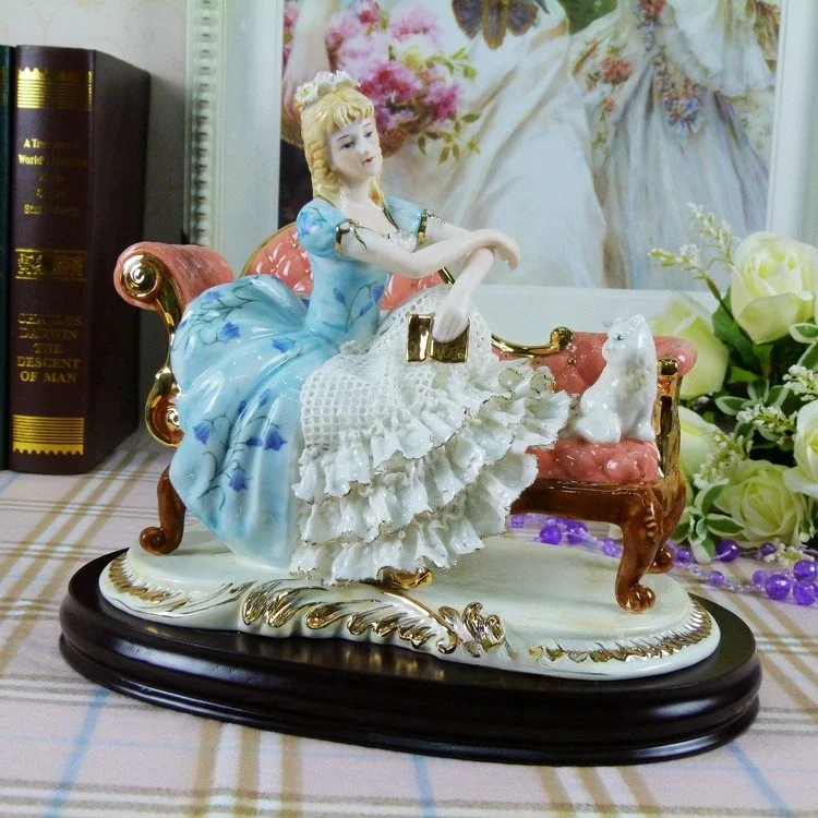 High-grade lace porcelain puppet hand-painted ceramic handicraft ornament European Western beautiful woman sitting concubine cha